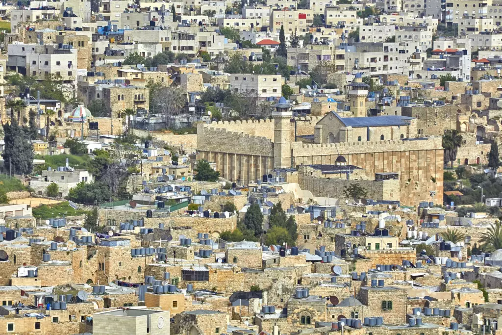 Hebron old city panorama Dense stone buildings surrounding the fortified sanctuary in Hebron old city
