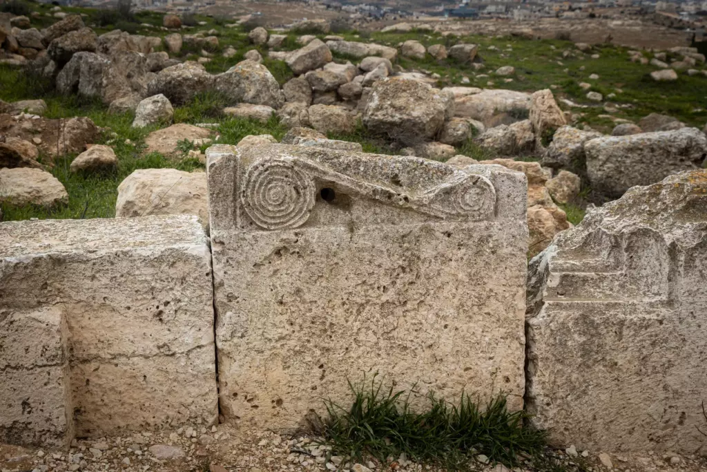 Susiya carved stone detail Carved circular decoration on a stone block among the ruins at Susiya