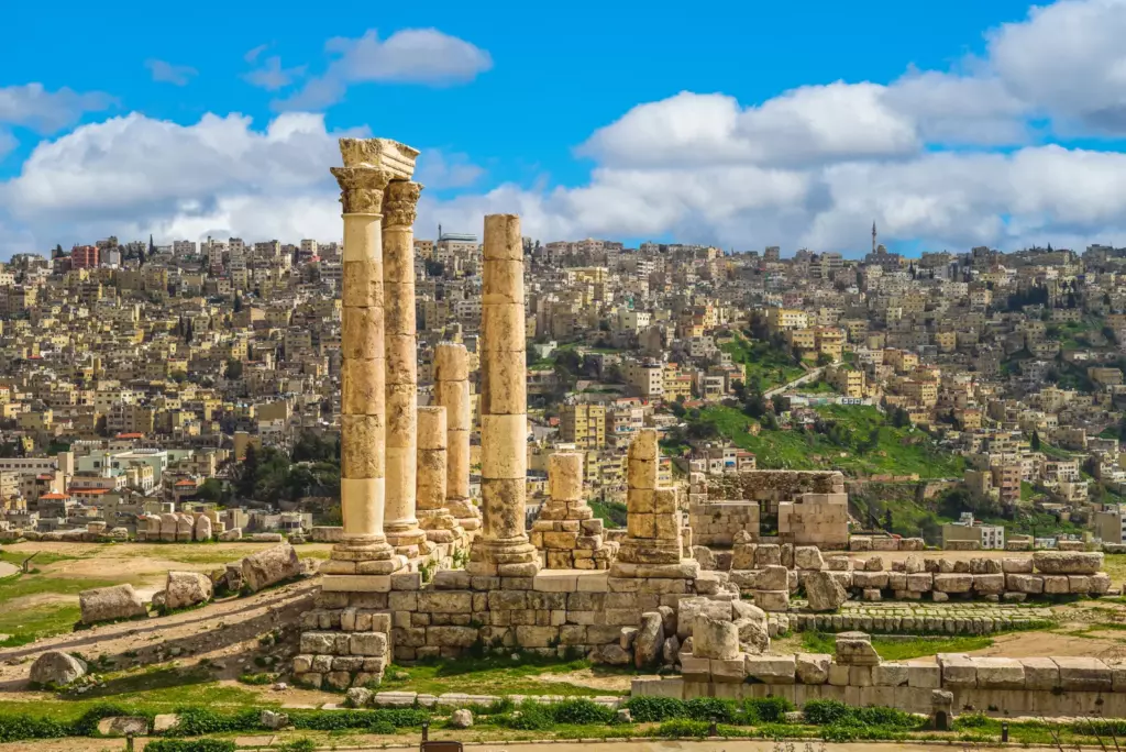 Amman — The hill above: a separate visit Temple of Hercules columns at the Citadel overlooking Amman
