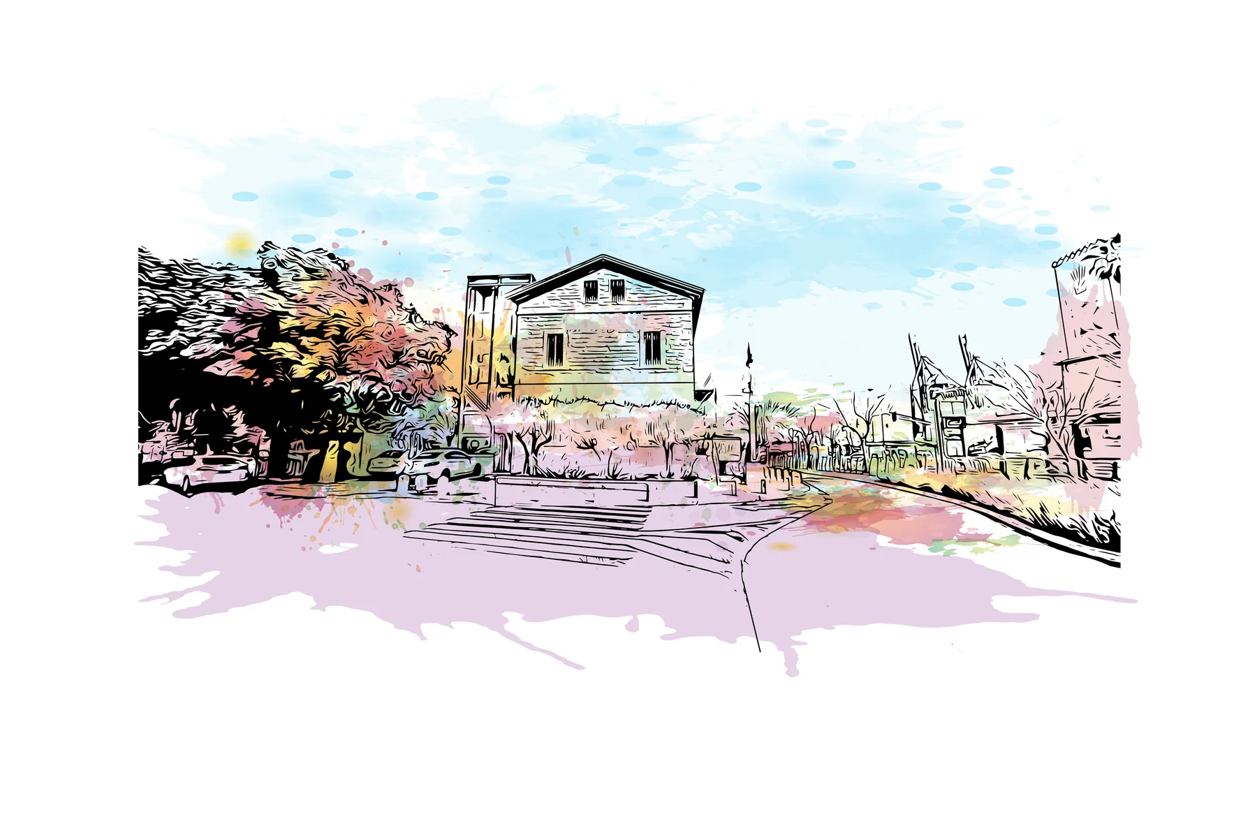 Haifa city — watercolour-style illustration Watercolour-style illustration of stone buildings, trees and port cranes in Haifa
